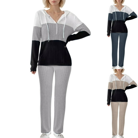 USSUMA Women's 2 Piece Sets Women Hoodies Long Sleeved Pullover Sweatpant Outfits 1/4 Zipper Drawstring Multicolour Tracksuit Elastic Waist Comfortable Jogger Sets Loose Outdoor Fall Suit