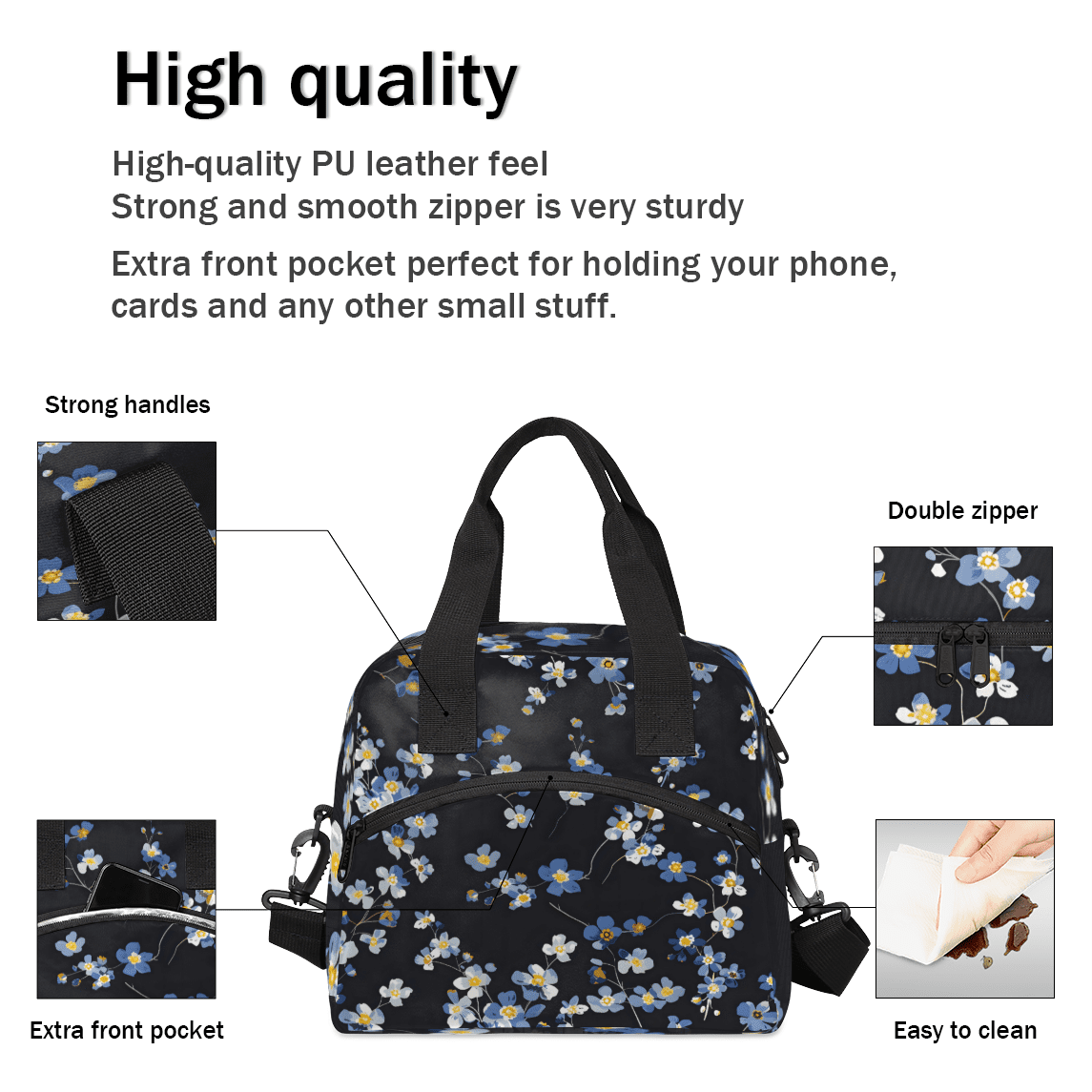 Herdesigns Blue Wildflowers Insulated Lunch Bag for Women Men Adults Large Reusable Lunch Box Leakproof Portable Cooler Tote Bags with Adjustable Shoulder Strap