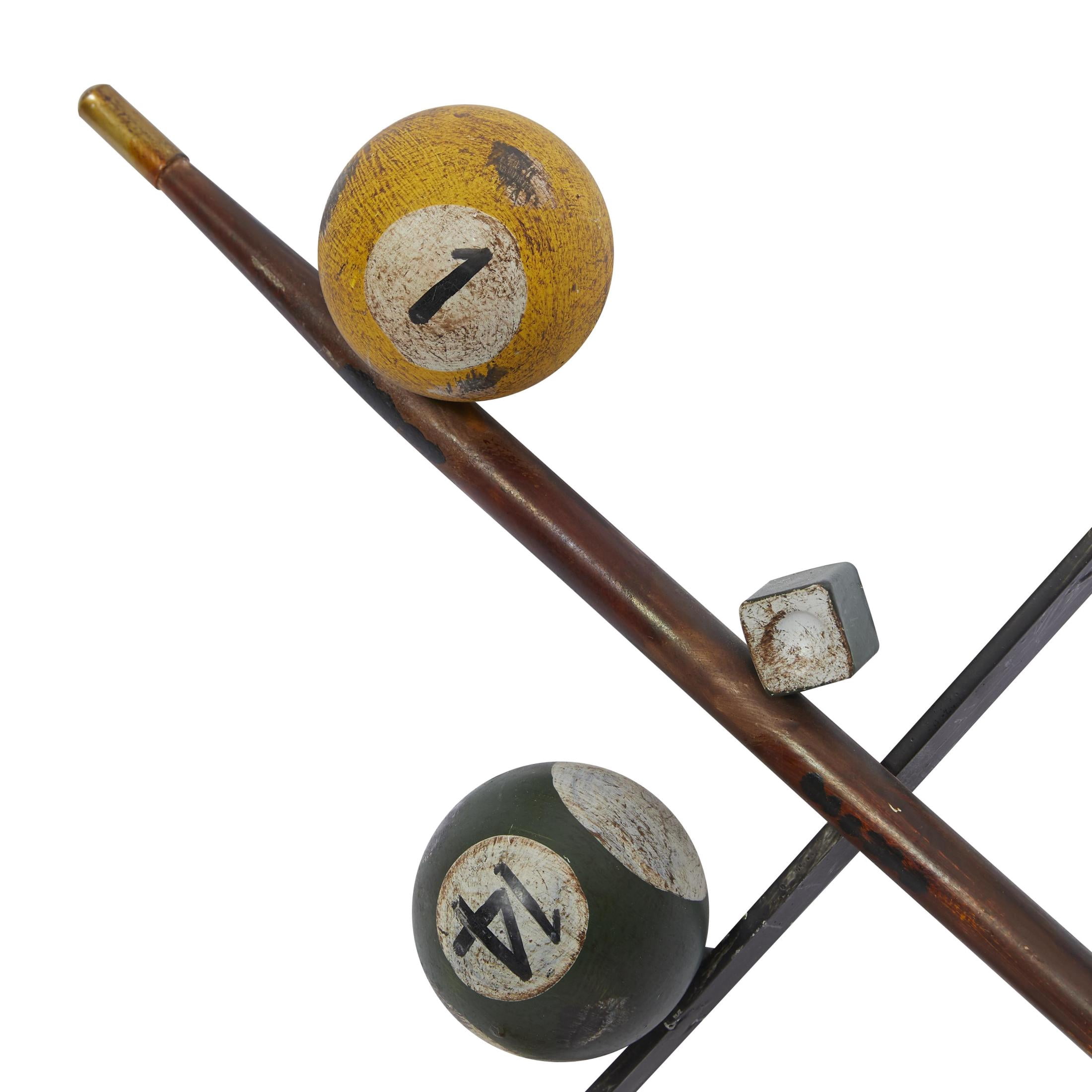 DecMode Eclectic Metal Multi Colored Billiard Set with Billiard Balls, Triangle Rack and Cue Stick Wall Décor, 30"W x 15"H
