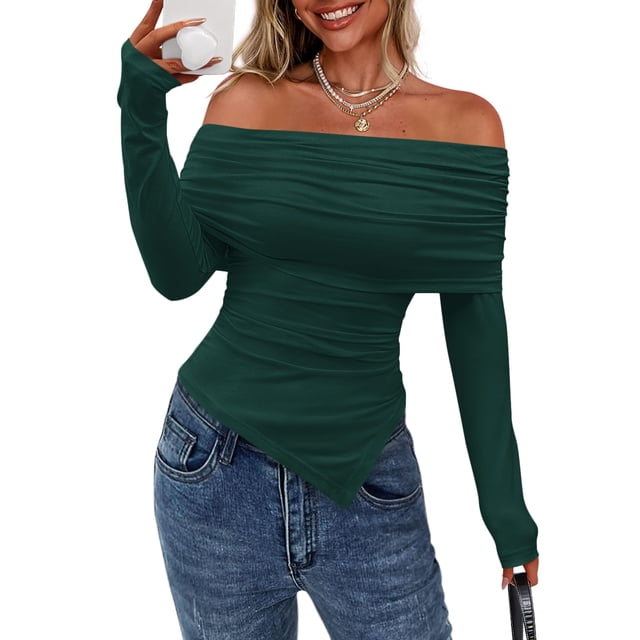 Remera PRETTYGARDEN Mujer Escote Hombros Descubiertos Manga Larga Ajustada - XXL