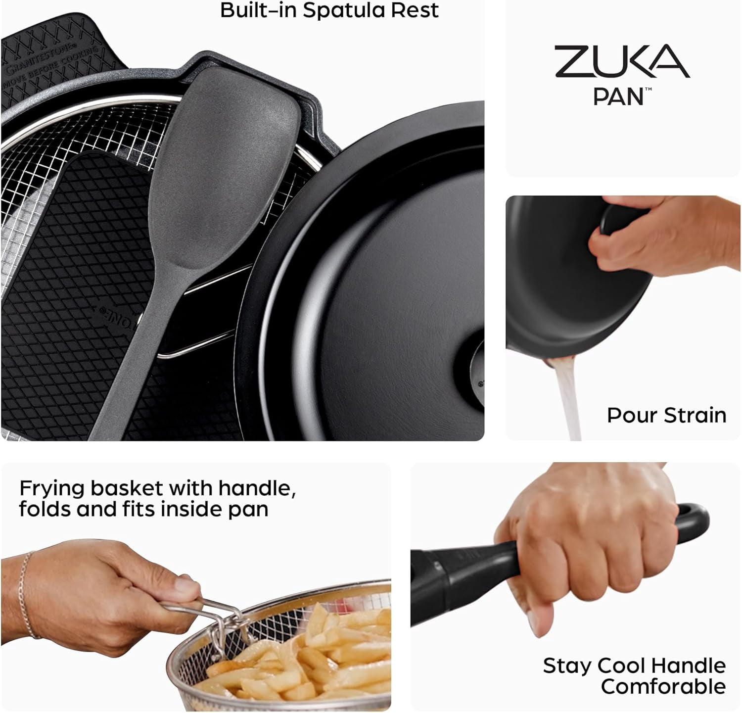 ZUKA Ceramic Pan by Granitestone, 6 Pc Non Toxic Ceramic Deep Frying Pan Set with Steamer & Spatula, Everyday Pan Skillet, Non Toxic Pans for Cooking, Nonstick Induction, Oven & Dishwasher Safe