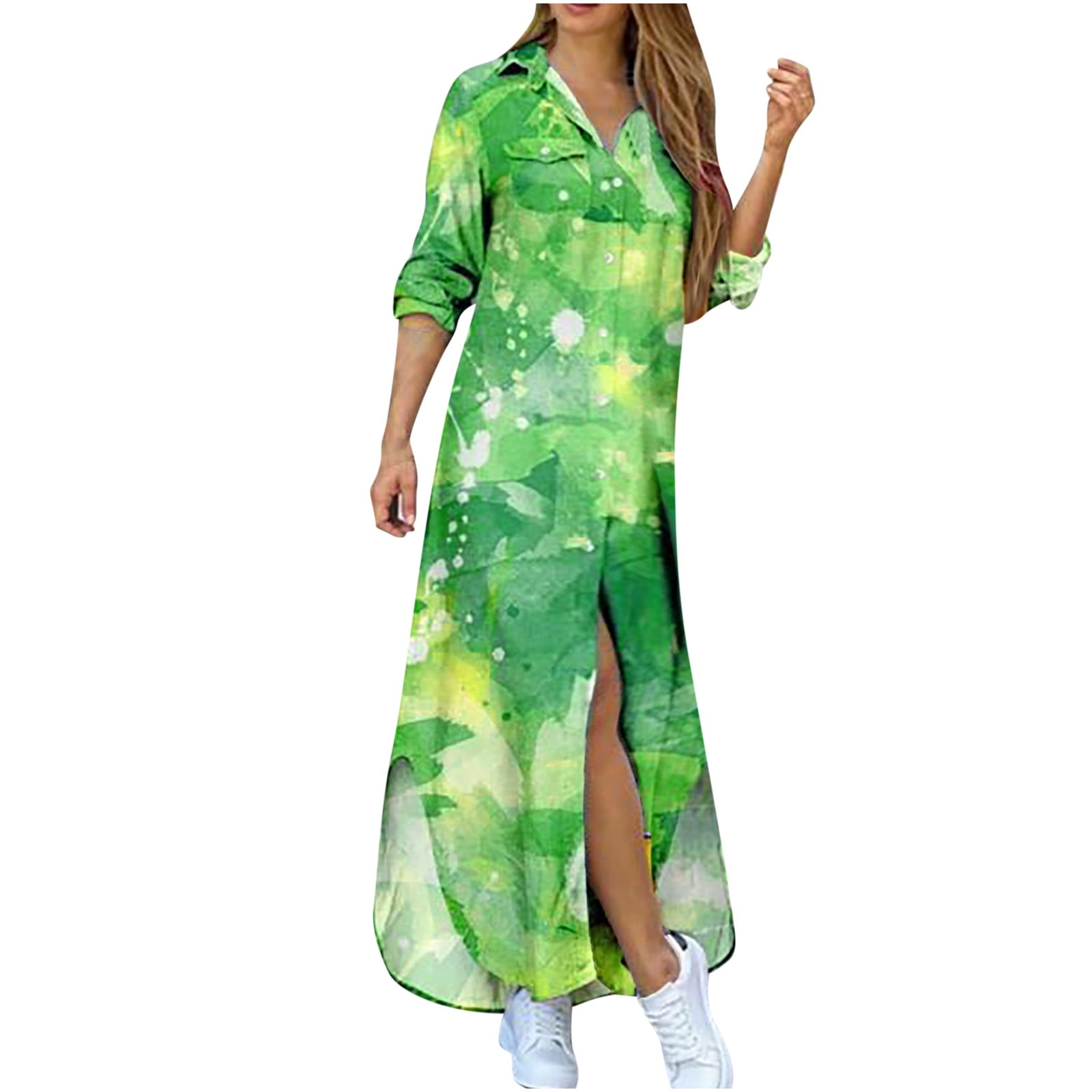 Tie Dye Long Dresses for Women Summer V Neck Botton Down Shirt Dress