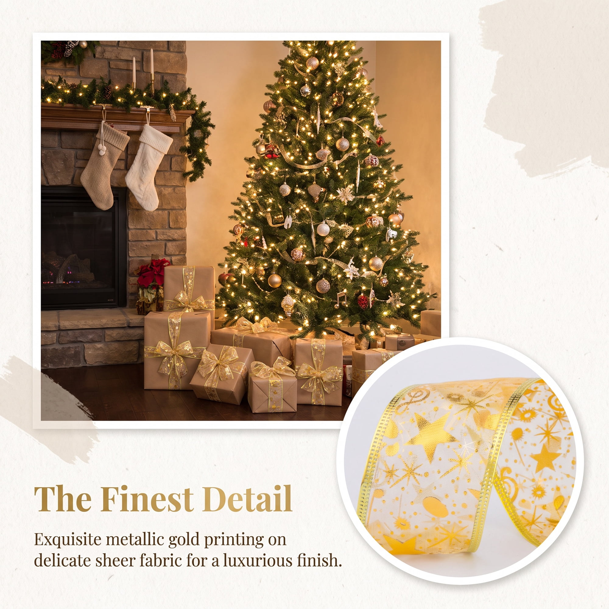 Unique Bargains Star Pattern Fabric Ribbon for Decoration Projects Gold 9.8 Yard