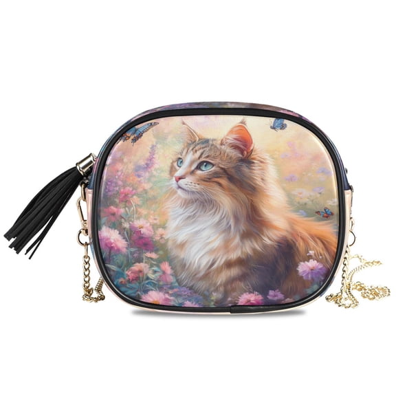 Womens Casual Chain Shoulder Bag Simple style Cat and Butterfly in Flowers Crossbody Bag