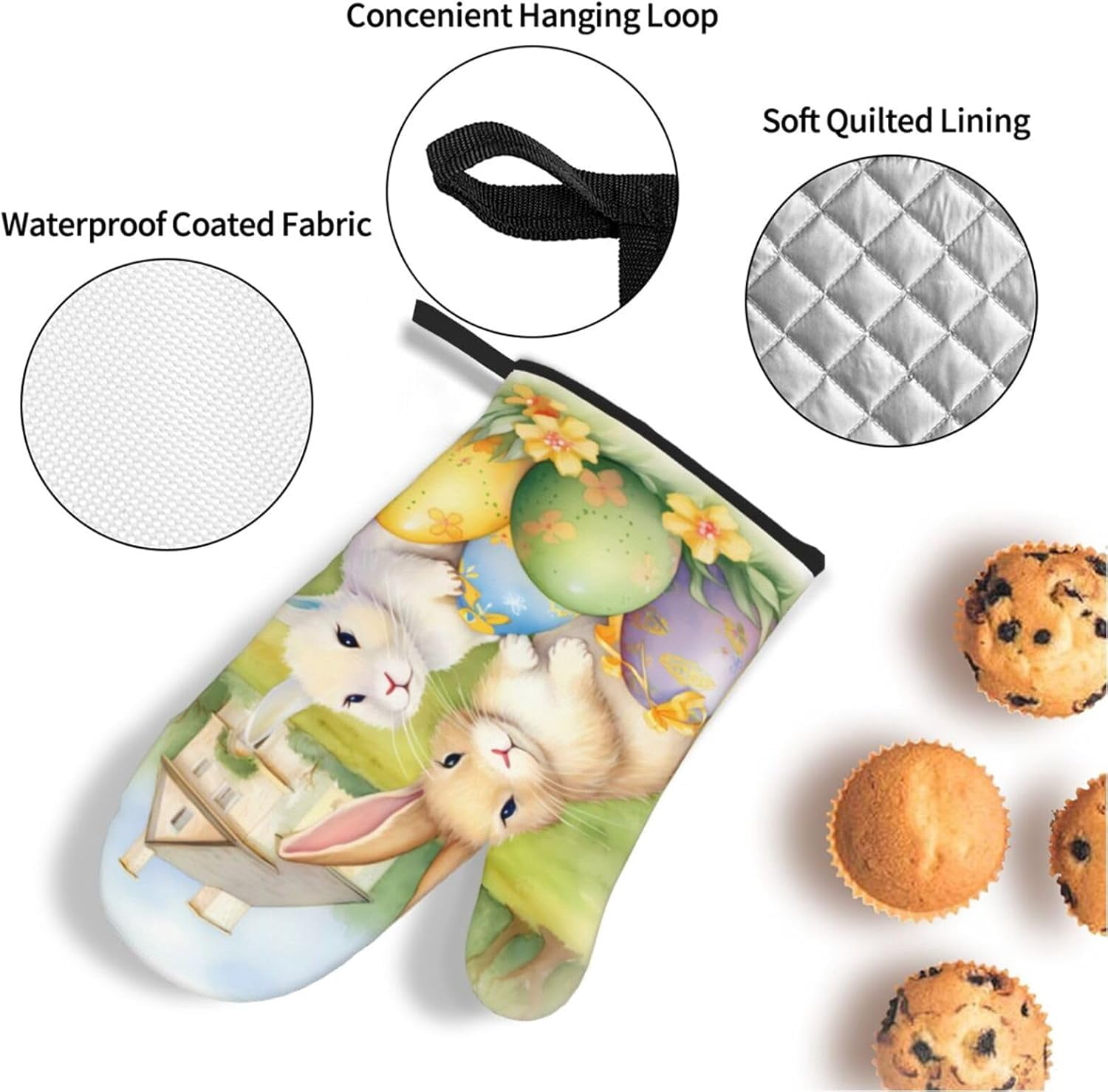 Oven Mitts and Pot Holders Sets of 4, Easter Eggs Floral Kitchen Gloves for Cooking Baking Cartoon Rabbit Bunny Hot Pads BBQ Potholders