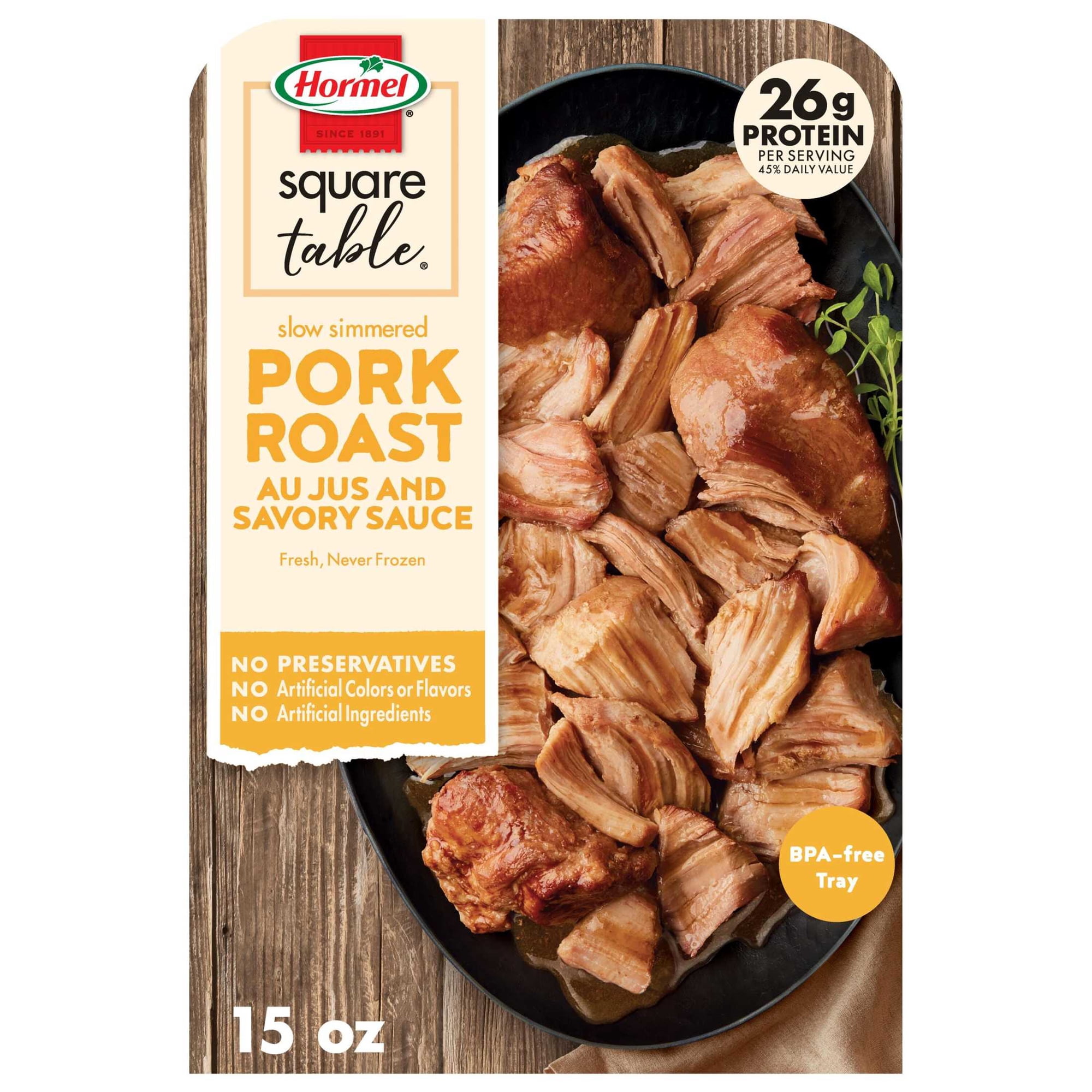 HORMEL SQUARE TABLE Slow Simmered Pork Roast Au Jus and Savory Sauce, Refrigerated, 15 oz Plastic Microwaveable Tray