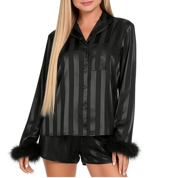 Fewfanhot Ladies' Casual Solid Color Striped Long-Sleeved Lapel Top and Shorts pants Pajama Loungewear Set,2 PC