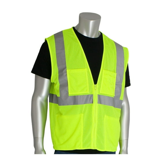 Protective Industrial Products 302-MVGZ4PLY-4X Zipper Safety Vest, Hi-viz Lime Yellow, 2 Lower And 2 Upper Chest Pockets, 4x-large