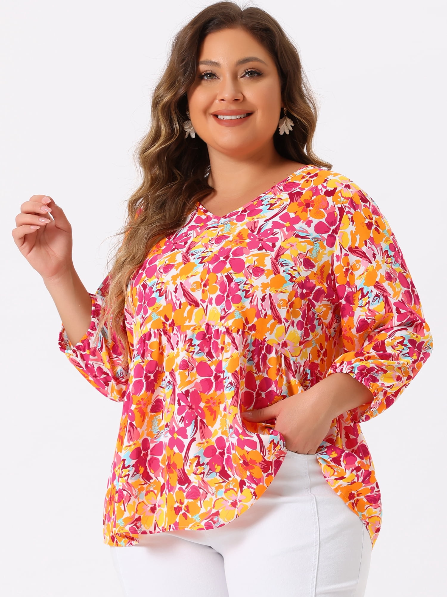 Unique Bargains Women's Plus Size V Neck Flowy 3/4 Sleeve Floral Blouse 4X Orange Pink
