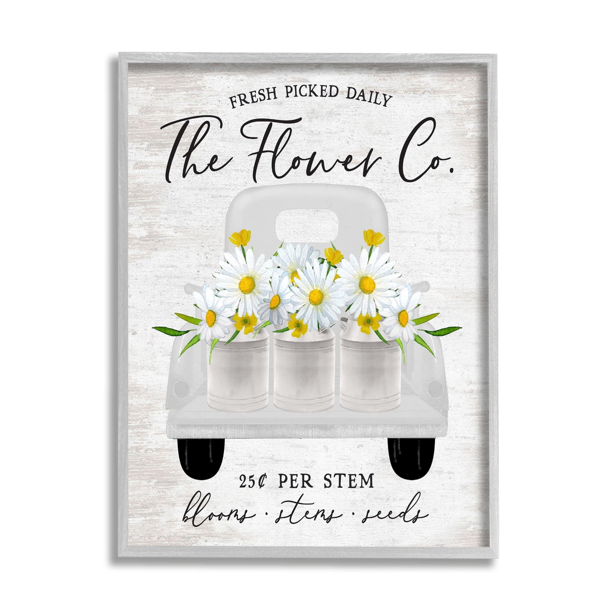 Stupell Industries Vintage Flower Co. Daisy Blooms Filled Pickup Truck Graphic Art Gray Framed Art Print Wall Art, Design by Lettered and Lined