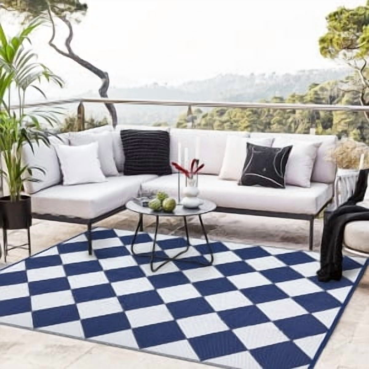 Danolapsi 8x10 Outdoor Rug Waterproof Reversible Outdoor Plastic Straw Rug with 4 Stakes & Portable Bag Boho Patio Rugs Carpet RV Mat Easy to Clean Checkered Floor Carpet for Patio Camp Balcony Deck