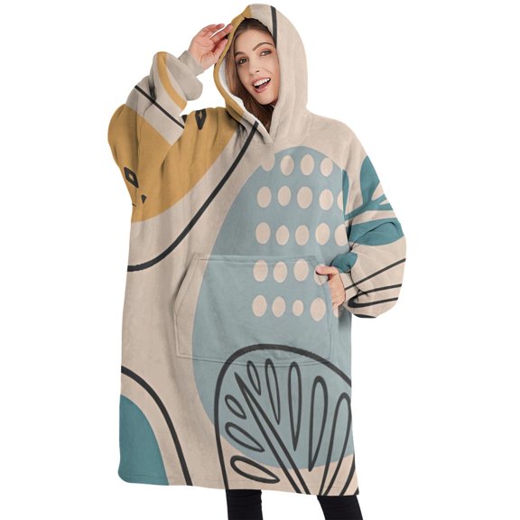 Oversized Wearable Blanket Hoodie,Orange Boho Abstract and Plant Pattern Sherpa Blanket Hoodie with Super Pockets,Super Warm Fuzzy Pullover for Women & Men