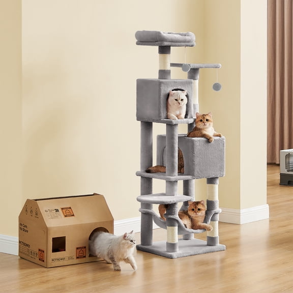 Feandrea Árbol para Gatos de 155 cm de Altura, 49 x 40 x 155 cm, Rascador para Gatos con 5 Postes, Felpa Multicapa, Gris Claro