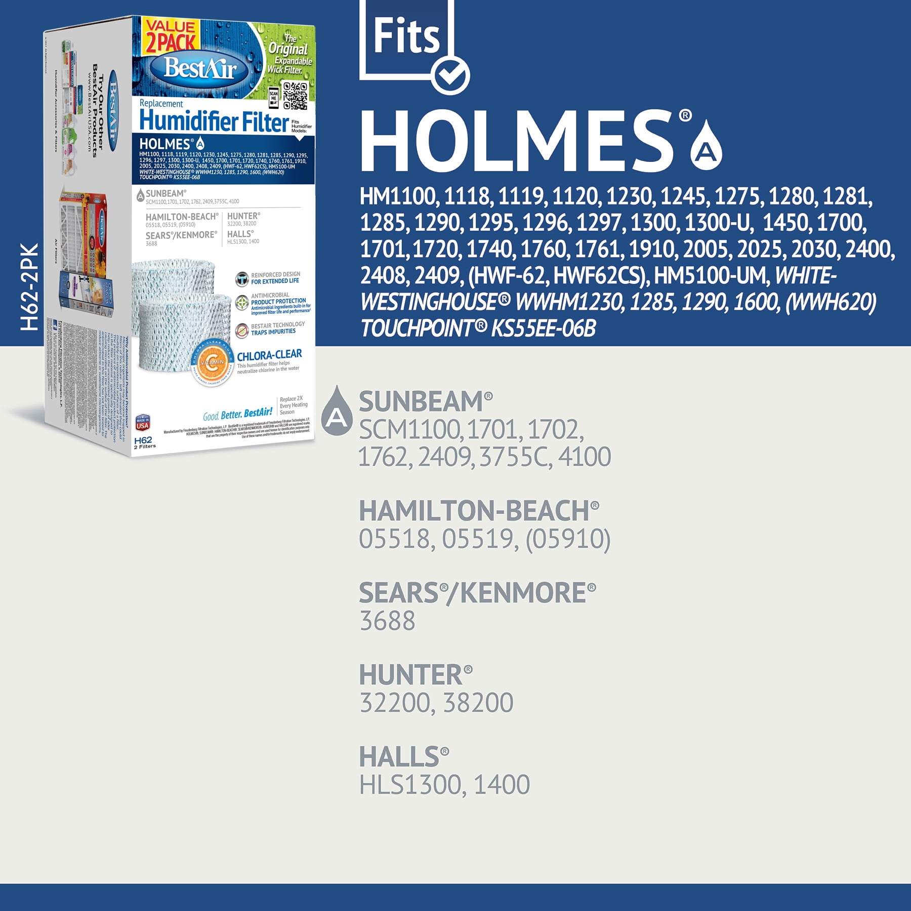 BestAir® H62 Value 2 Pack Humidifier Replacement Paper Wick Filter for Holmes Humidifiers Wt 0.4 lb