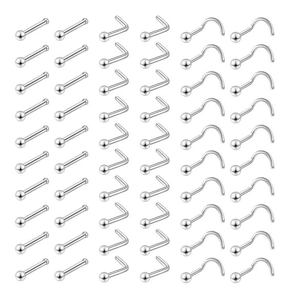 K-KED 60pcs Stainless Steel Nose Stud Bone Screw L Nostril Ring Piercing Body Jewelry-default