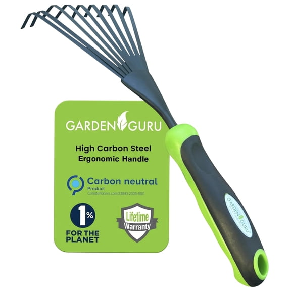Garden Guru Hand Rake Soil Tiller Tool with Ergonomic Handle – Strong Carbon Steel - Rust Resistant – Great for Gardening, Cultivating, Loosening Soil & Spreading Mulch, Raking Flower Beds