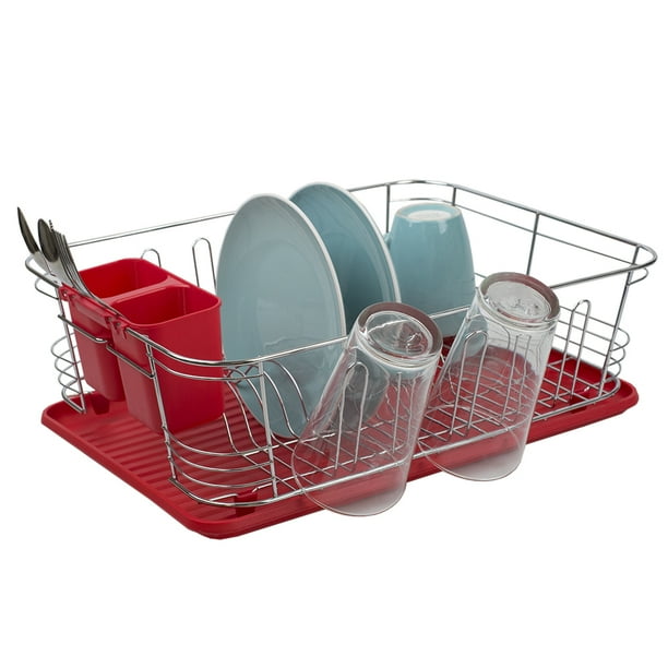 Home Basics 3piece Chrome Plated Steel and Plastic Dish Rack, Red