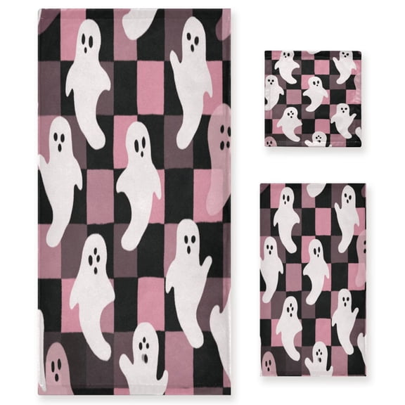 3 Piece Bath Towels Set Bath Towel, Hand Towel and Face Towel for Bathroom, Gym, Hotel Pink and Black Cartoon Ghosts