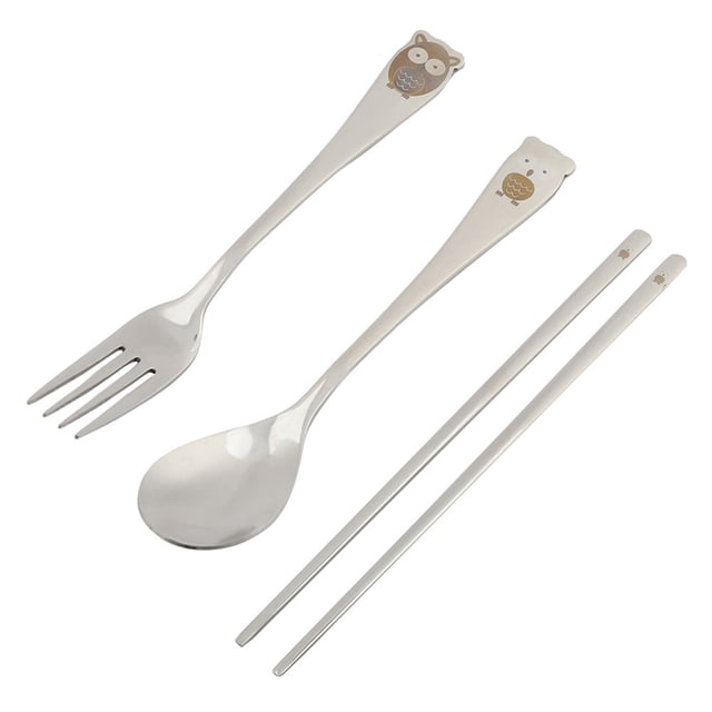 Kit de vajilla para niños con patrón de dibujos animados de acero inoxidable reutilizable, tenedor, cuchara, palillos (#2)