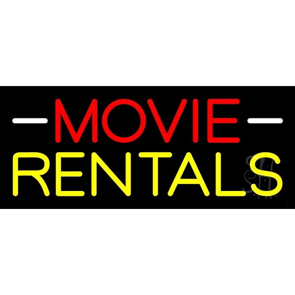 Red Movie Yellow Rentals LED Neon Sign 10" Tall x 24" Wide - inches Black Square Cut Acrylic Backing, with Dimmer - Premium built indoor Sign for Storefront, Store interior.