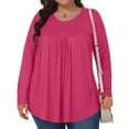 thumbnail image 1 of HongQid Hauts pour Femmes Grande Taille Col Rond T-Shirt Couleur Unie Manches Longues Tunique Plissée Décontractée, 1 of 7