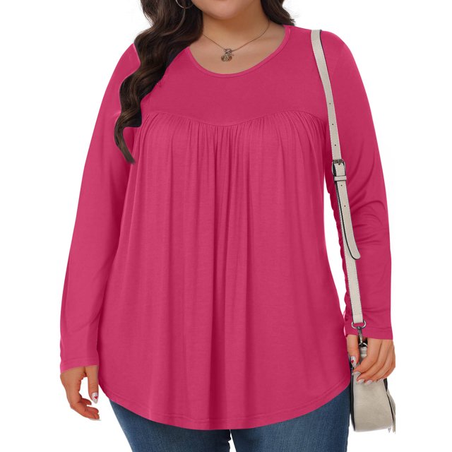 HongQid Hauts pour Femmes Grande Taille Col Rond T-Shirt Couleur Unie Manches Longues Tunique Plissée Décontractée