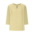 thumbnail image 4 of Plus Size Eyelet Tops for Women Casual 3/4 Sleeve Solid Color Henley Shirts 2024 Womens Notch V Neck Emboridery Summer Blouses,Yellow,Small, 4 of 5