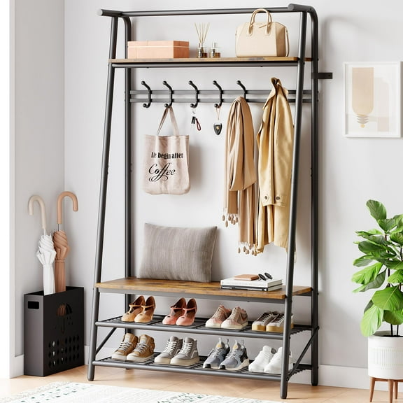 Ataucjin Entryway Hall Tree with Storage, Coat Rack Shoe Bench, 4-in-1 Metal Frame Hallway Organizer, Freestanding Industrial Accent Furniture for Living Room Bedroom