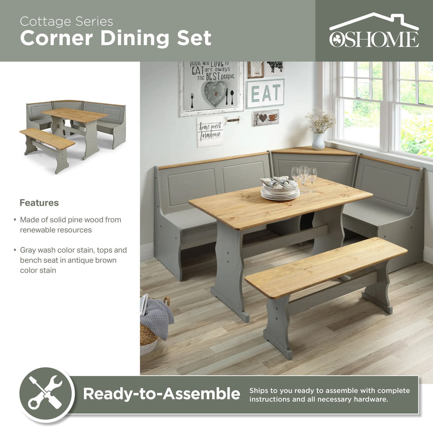OS Home and Office Furniture Solid Pine Corner Dining Booth in Gray