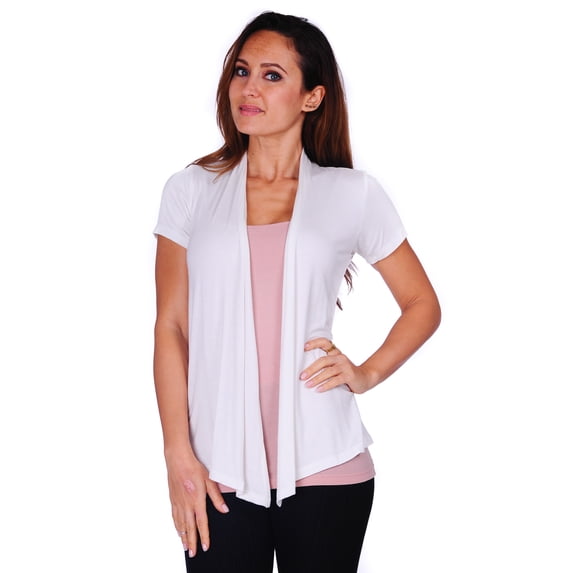 Simply Ravishing Women's Basic Short Sleeve Hip Length Open Drape Cardigan, 5X, Ivory