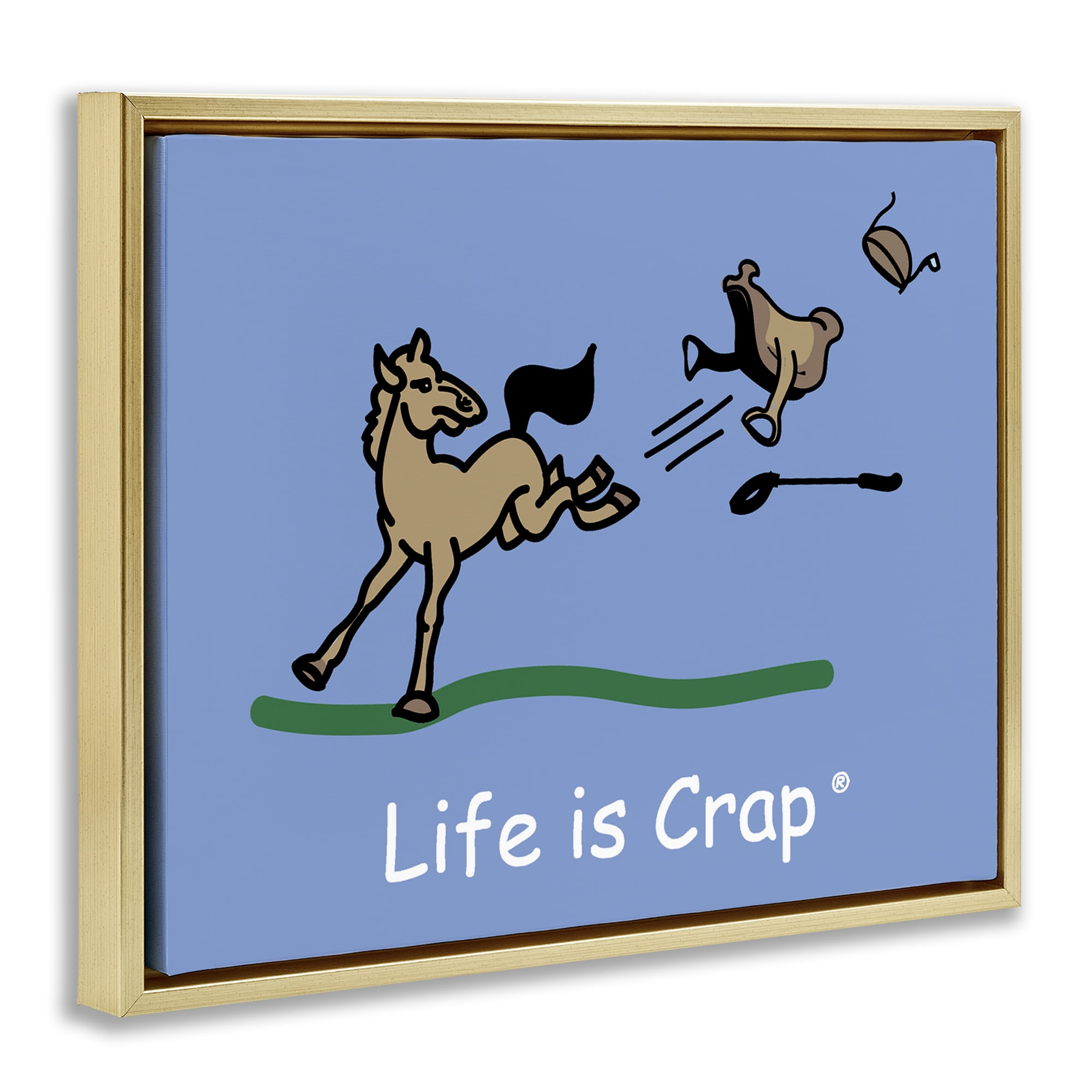 Stupell Industries Horse Kicking Saddle Novelty & Humor Painting Gold Floater Framed Canvas Art Print Wall Art, 21 x 17