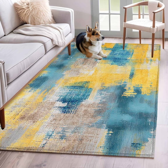 Area Rug for Living Room, Blue Yellow Brown Non-Slip Indoor Large Carpet for Bedroom/Dining Room, Modern Abstract Mottled Oil Painting Washable Low-Profile Rectangle Floor Runner Rugs - 4 x 6 Ft
