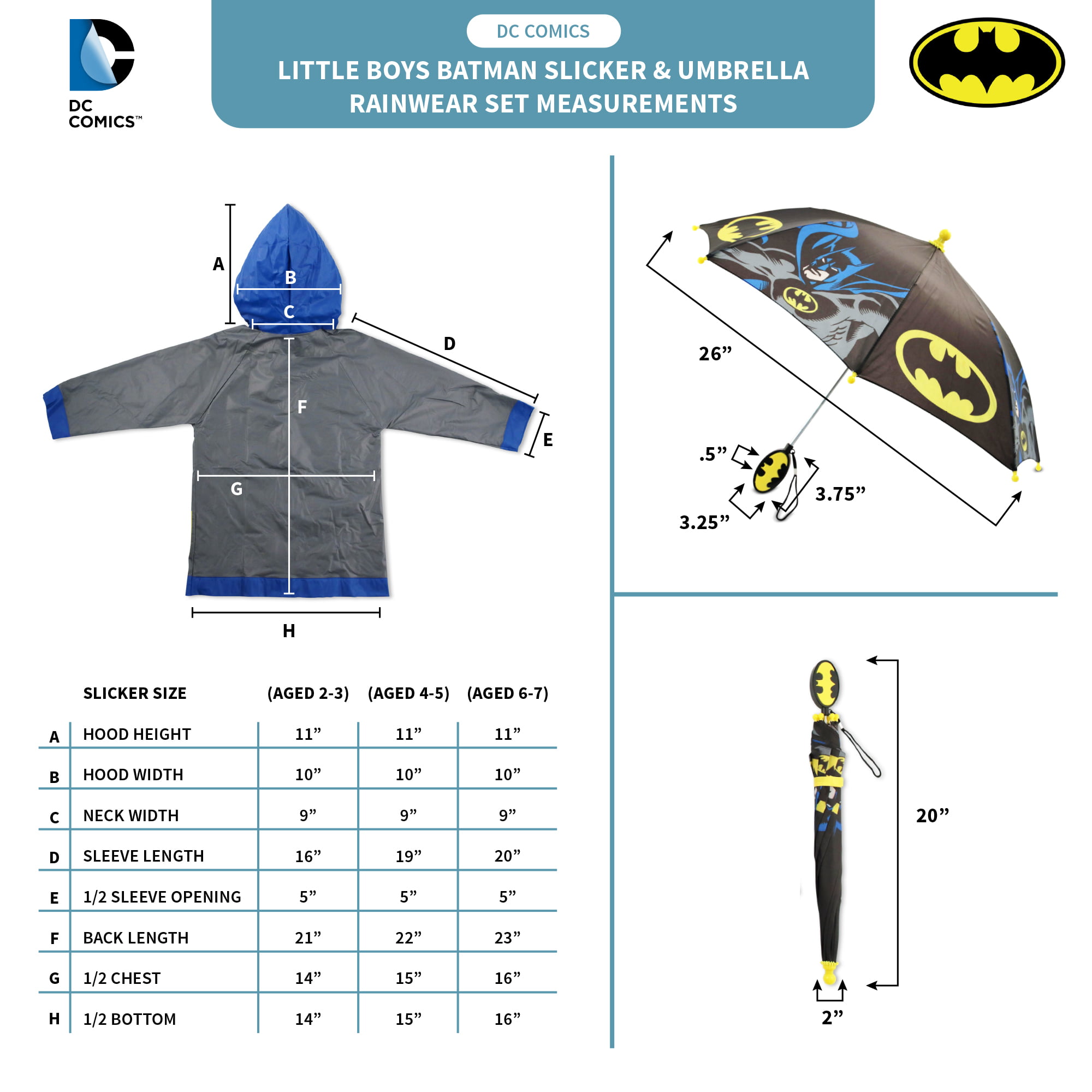 DC Comics Little Boys Batman or Superman Slicker and Umbrella Rainwear Set 