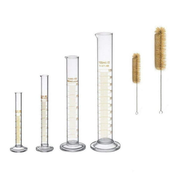 Thick Glass Graduated Cylinder Measuring Bottle Set 5ml 10ml 50ml 100ml Glass with 2 Cleaning Brushes Chemistry Lab Graduated Measure Tools