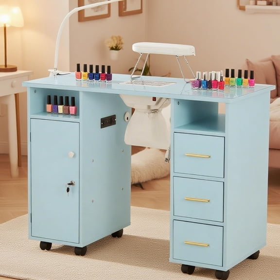 Manicure Table Nail Desk for Nail Tech with Dust Collector, Charging Station, LED Lamp, Professional Rolling Nail Desk Salon Station w/Non-Woven Drawers, Nail Polish Rack, Arm Rest, Light Blue