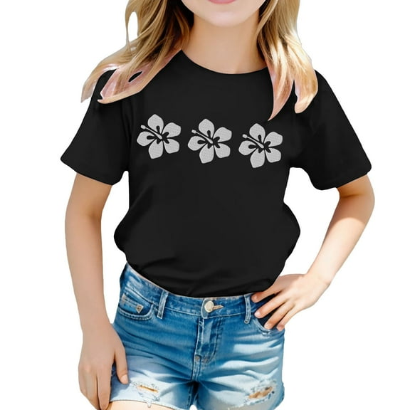 Hienoo Toddler Girls Tee Shirt Flower Print Short Sleeved Round Neck T Shirt Casual T-Shirt