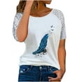 thumbnail image 2 of Lace Patchwork Short Sleeve Top Floral Print Blouses For Women Women'S Fashion Crewneck Printed Short Sleeve T-Shirt Casual Loose Shirt Tops Blue S, 2 of 8