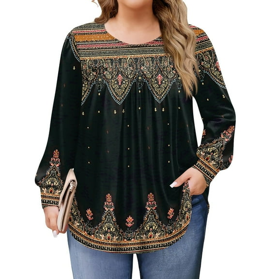 Women's Plus Size Tops, Long Sleeve Round Neck Flowy Tunic, Casual Loose Blouse (Sizes L-5X)