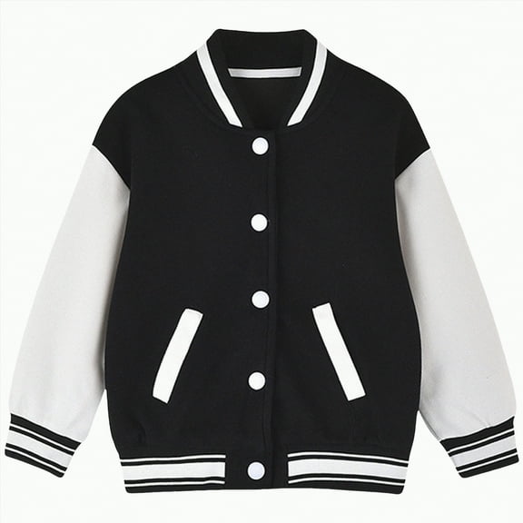 CAICJ98 Boys Girls Varsity Bomber Jacket Casual Button Lightweight Sweatshirt Baseball Color Block Toddler Letterman Jacket Outwear With Pockets (Black,11-12 Years)
