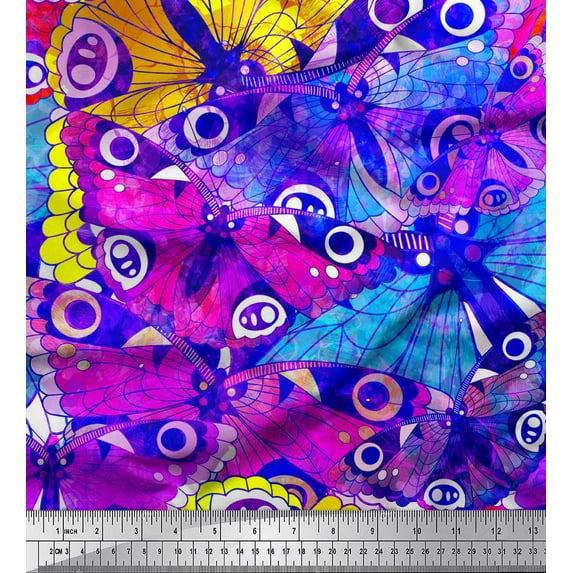 Soimoi Blue Japan Crepe Satin Fabric Colorful Butterfly Printed Craft Fabric by the Yard 42 Inch Wide