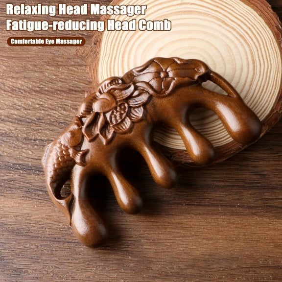 BAETEUY Sandalwood Scalp Massage Comb Wide Teeth Carved Lotus Fish Hair Growth Promotion Wooden Massager