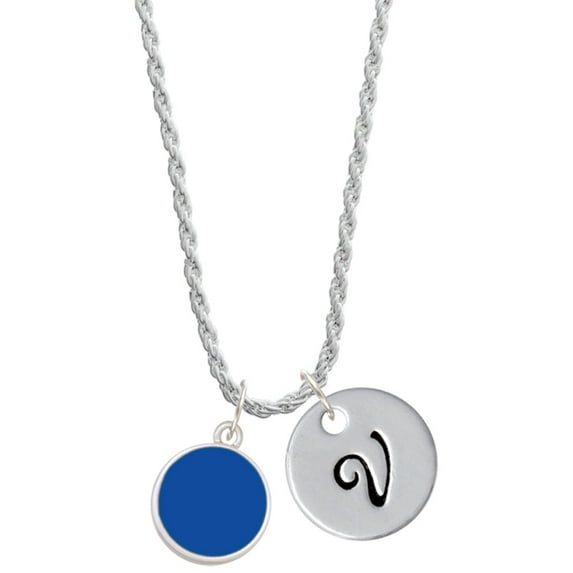 Delight Jewelry Silvertone Small Navy Blue Enamel Disc Silvertone Script Initial Disc - V - Charm Necklace, 20"+3"