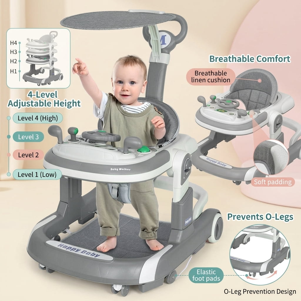 SIMANLI 5 in 1 Folding Baby Walker Adjustable Height & Speed, Kids Baby Walker with Wheels & Music Toys for Girls Boys, Gray