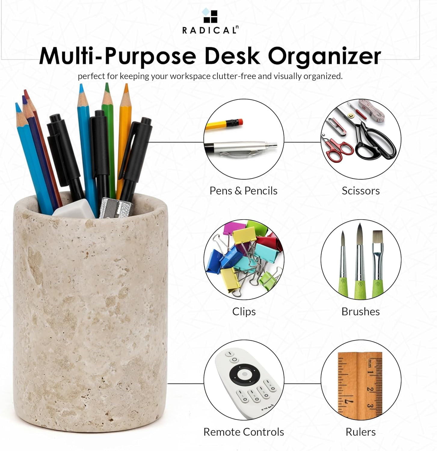 Radicaln Travertine Marble Stationary Holder 4" – Pencil Stand for Desk, Makeup Brush Holder, Toothbrush Organizer, Office Supplies Caddy, Minimalist Décor