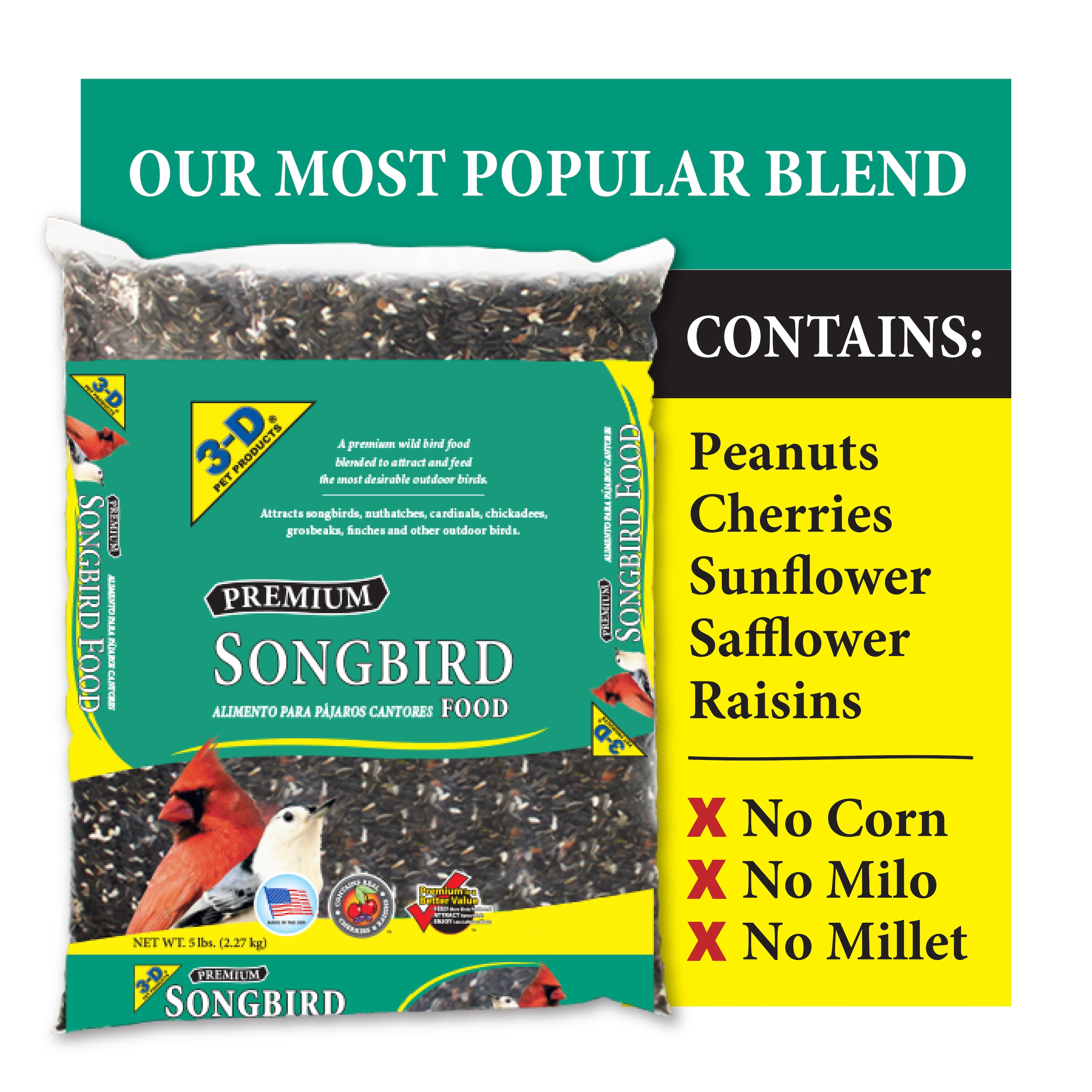 (4 pack) 3-D Pet Products Premium Songbird Blend Dry Wild Bird Food, 5 lb.; 1 Pack, Does Not Contain Fillers