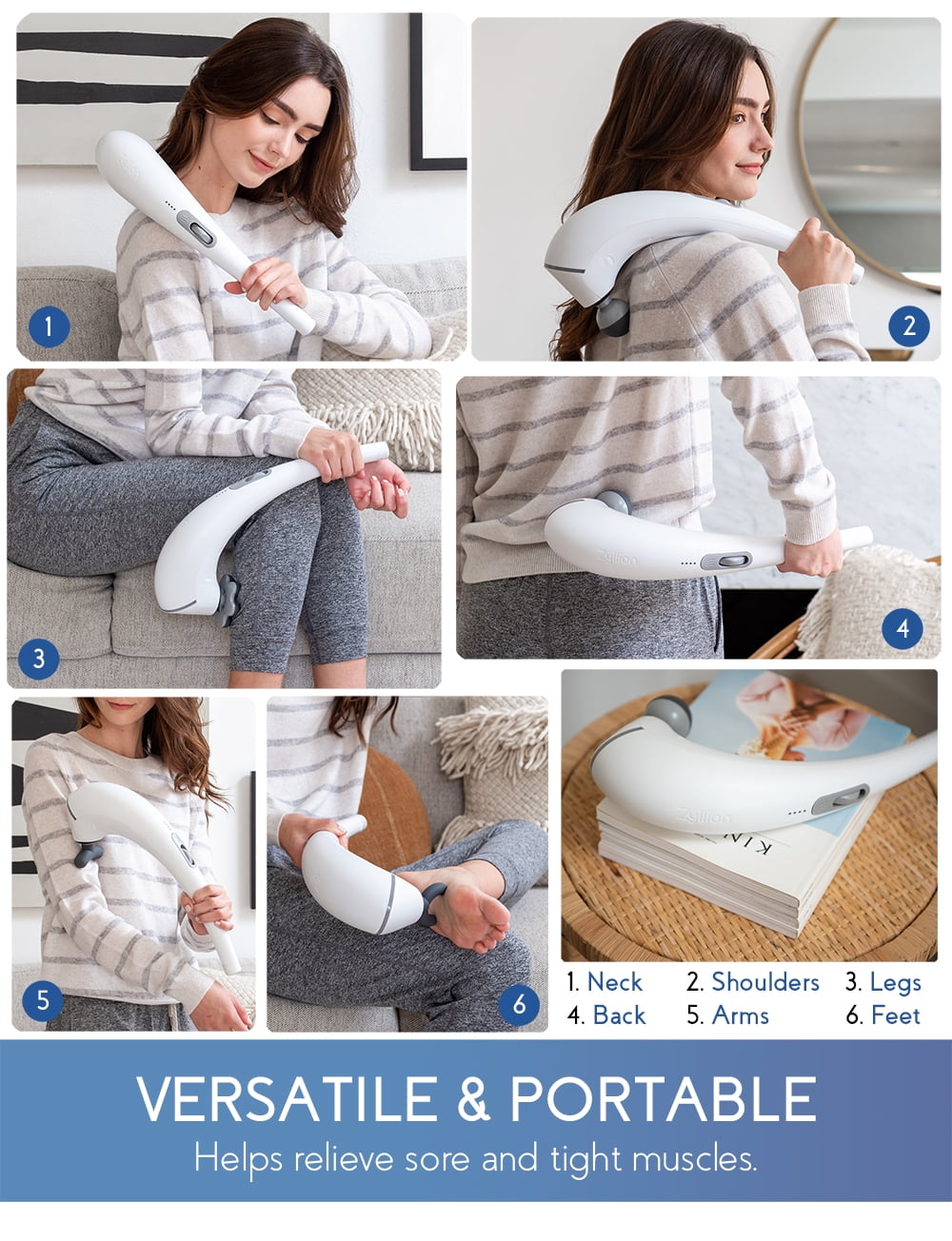 Zyllion Handheld Back and Neck Massager - Cordless Rechargeable Electric Vibrating Deep Tissue Massage with Heat for Athletes, Recovery and Muscle Pain Relief - White (ZMA-27-WT)