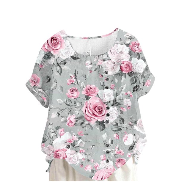 Camisetas de Manga Corta para las Mujeres Casual Cuello Redondo Cómodo de Lino Camiseta Botón Blusa Top Verano Manga Corta para las Mujeres