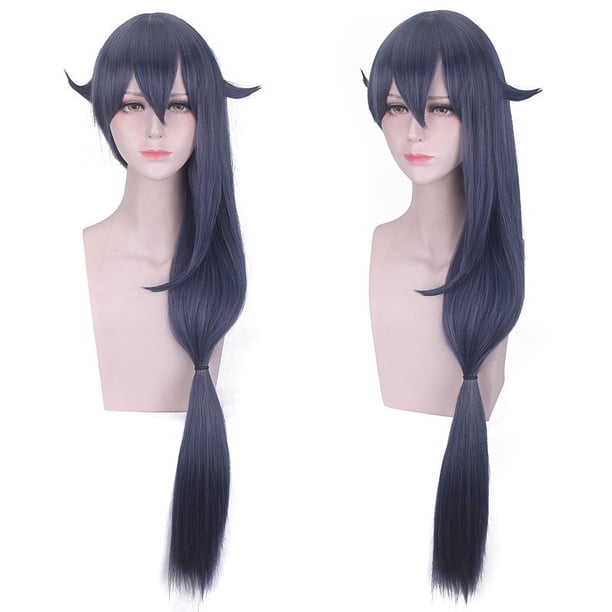 Peluca para cosplay, 120 cm de largo, azul oscuro, con flequillo y cola de caballo lateral