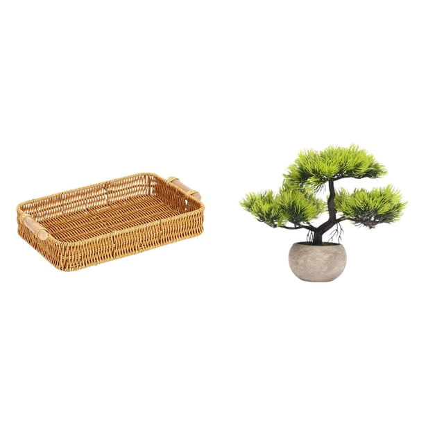 Cestas de almacenamiento,Cestas de almacenamiento de cocina tejidas con asas hechas a mano,Cestas de pan redondas Bandejas para servir Rectángulo,Árbol bonsái artificial,Árbol bonsái