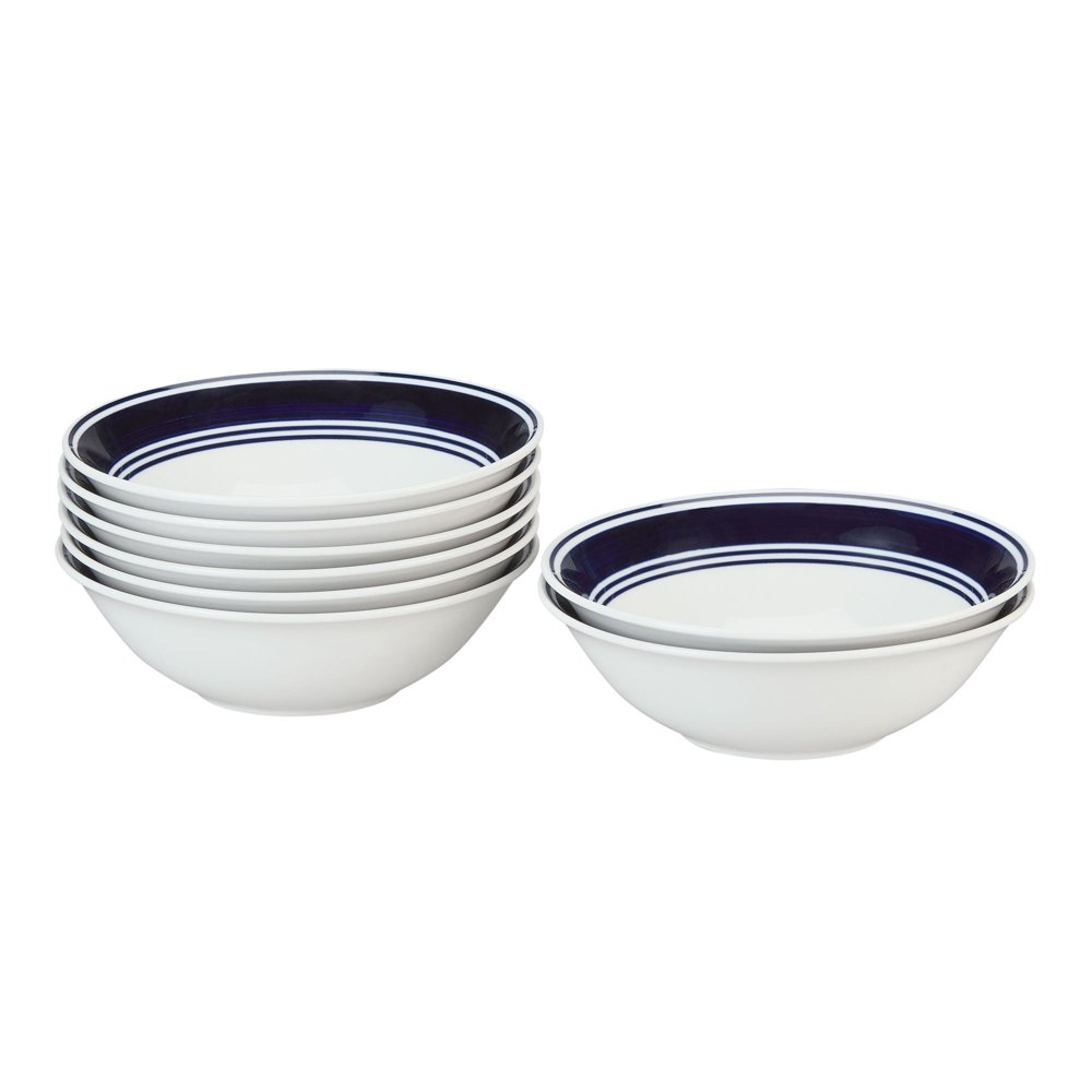 Mainstays Hand Painted Round Stoneware Bowls, Navy Banded Stripe, Set of 8